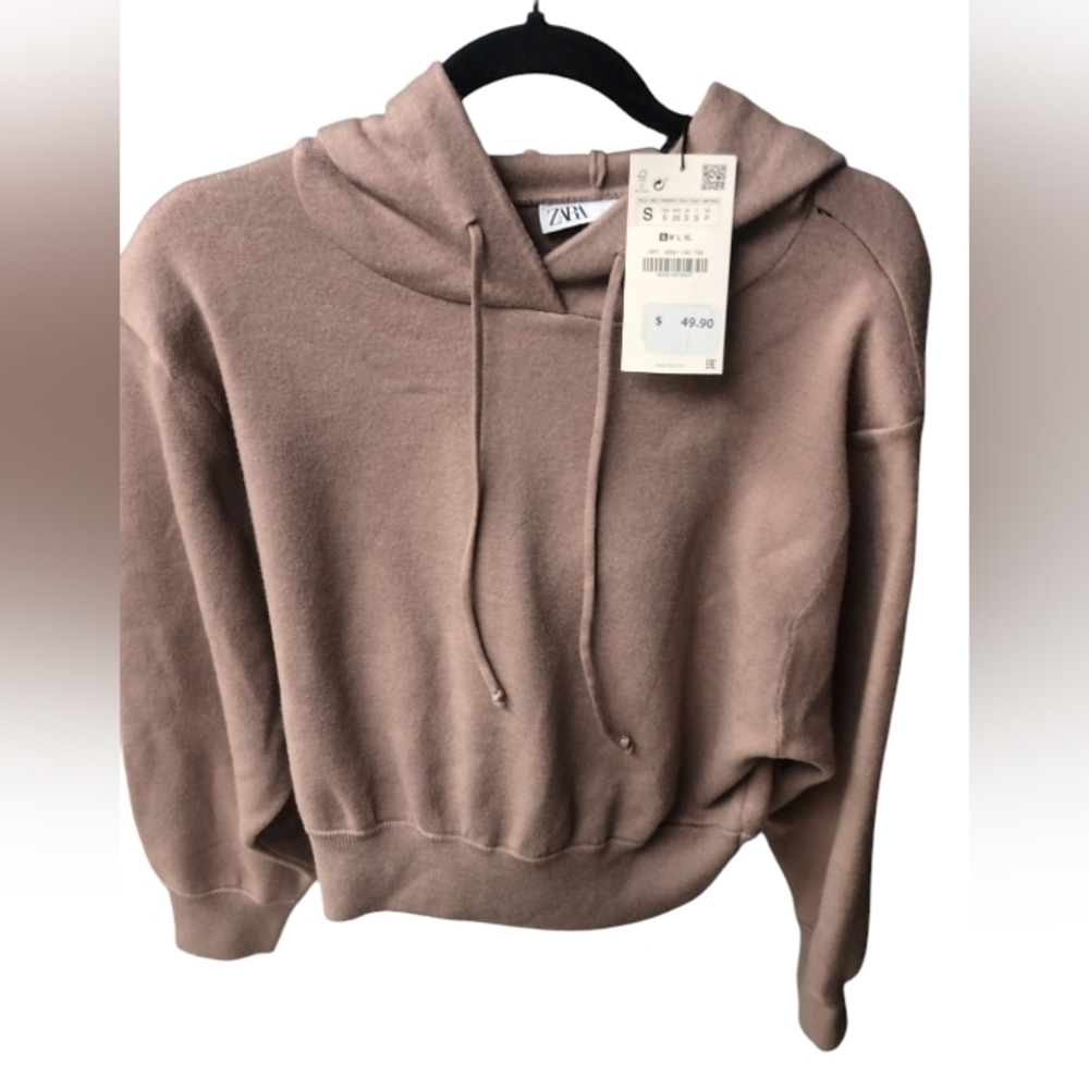 Zara Taupe Cropped Hoodie Oversized Small - Picture 6 of 6